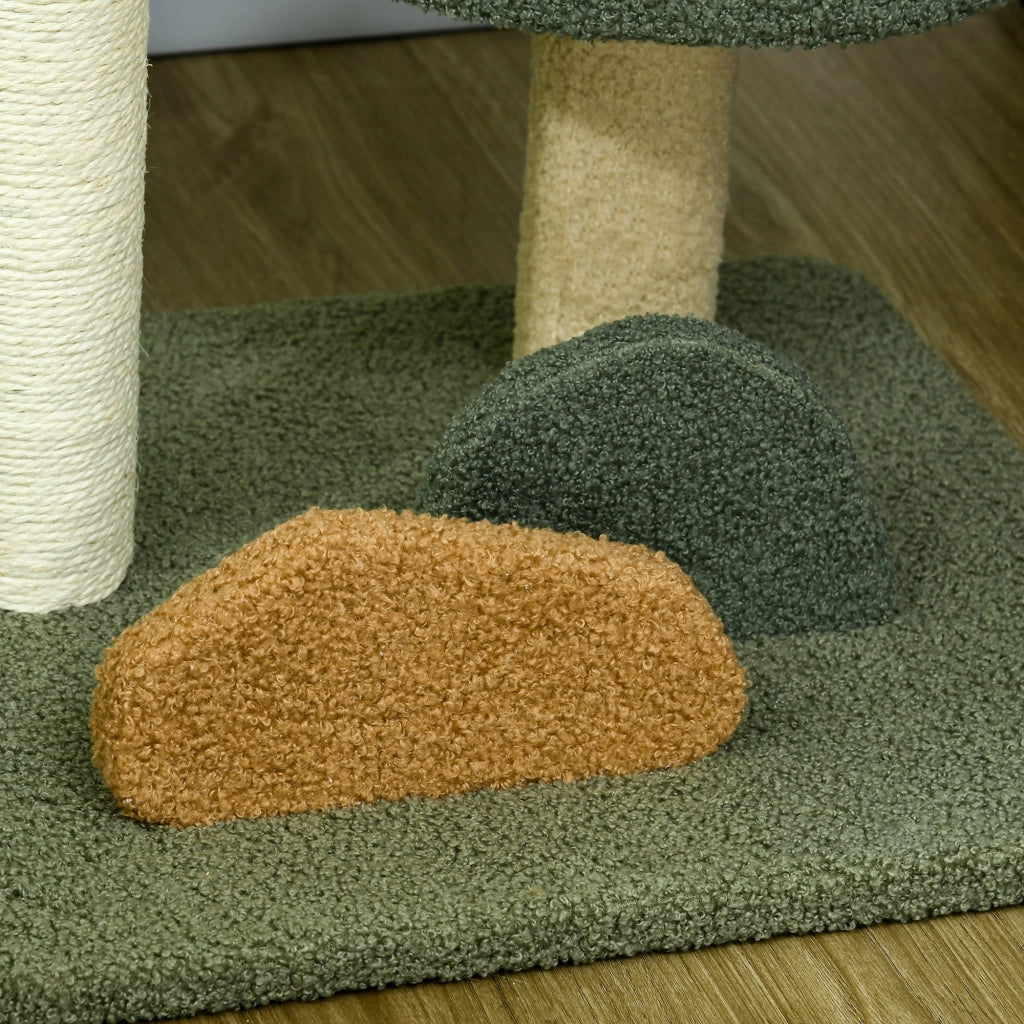 Albero Tiragraffi 43x39x52 cm con 2 Lettini, Pallina e Rivestimento in Velluto Verde Marrone e Beige