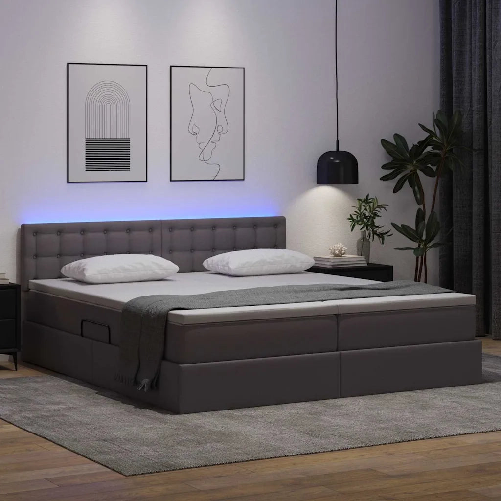 Letto con contenitore e LED Grigio 200 x 200 cm Pelle Sintetica
