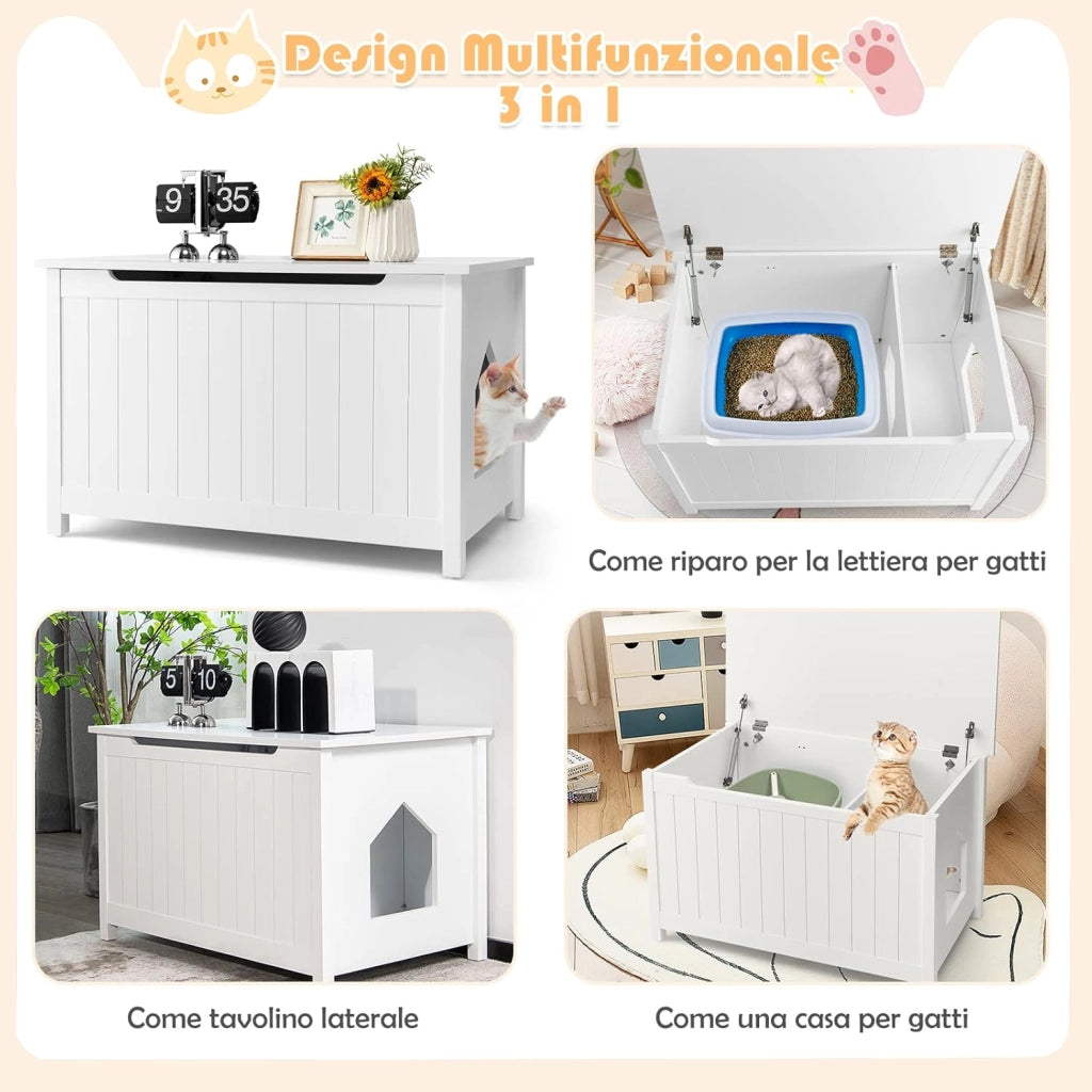 Mobile per Lettiera Gatti, con Apertura Superiore, Divisorio Rimovibile, Asta a Gas e Ganci in Metallo, Mobiletto Multiuso per Ingresso e Soggiorno, 82,5 x 51 x 51 cm, Carico Massimo 50 kg