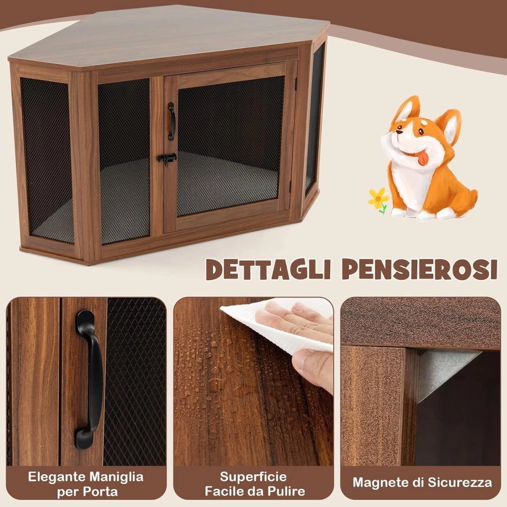 Gabbia per Cani ad Angolo, Casetta per Cani Angolare con Porta a Rete e Cuscino, Maniglia e Chiavistello, Mobile Kennel per Animali da Interno per Stanze e Appartamenti Piccoli