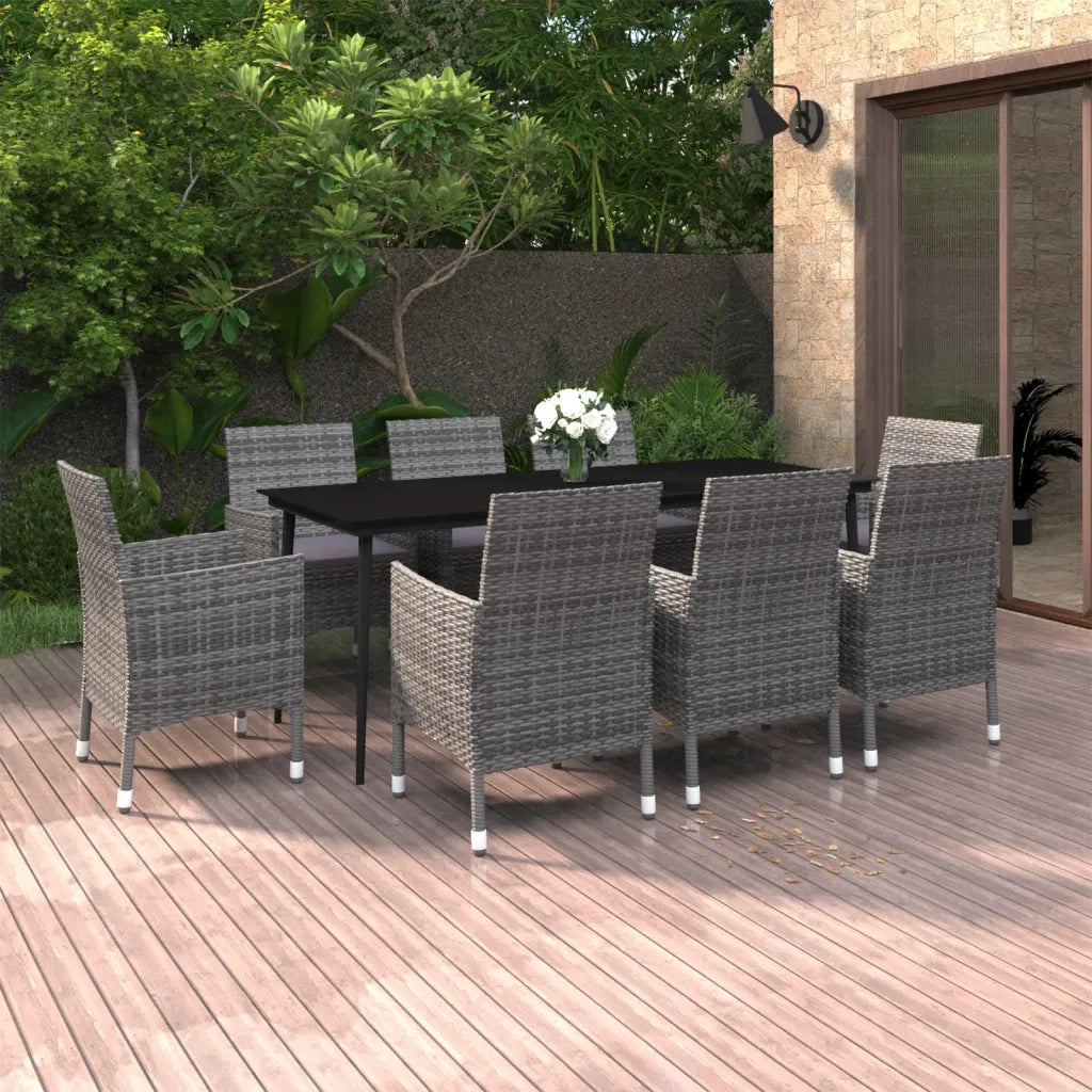 Set da Pranzo per Giardino 9 pz con Cuscini Polyrattan e Vetro 3099744