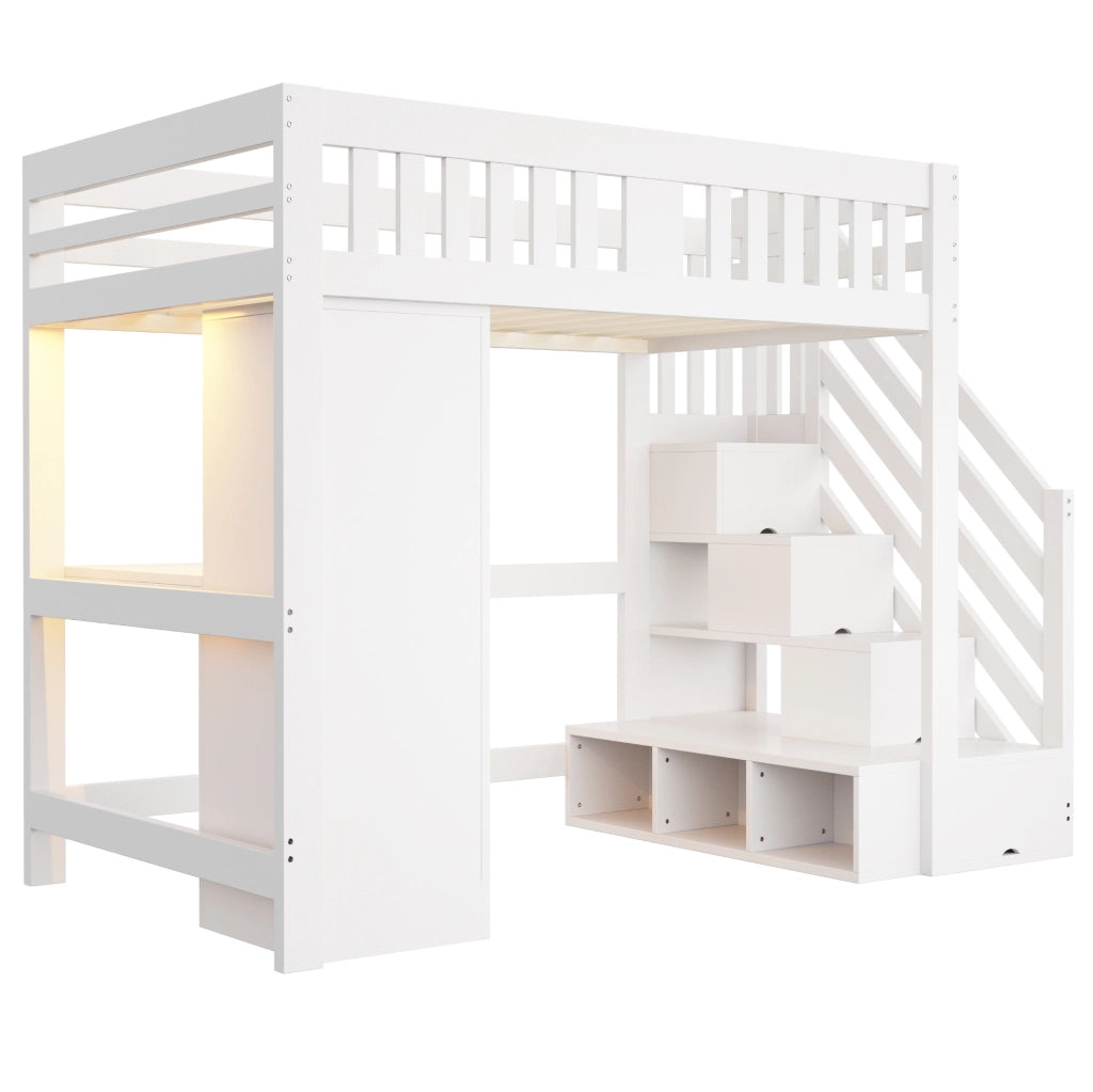 Letto a soppalco multifunzione 140x200 cm bianco in legno con scrivania; LED e contenitori