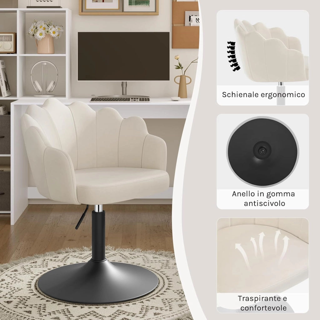 Sedia da Trucco, Poltrona Girevole in Velluto, Regolabile in Altezza per Camera da Letto, Soggiorno, Crema