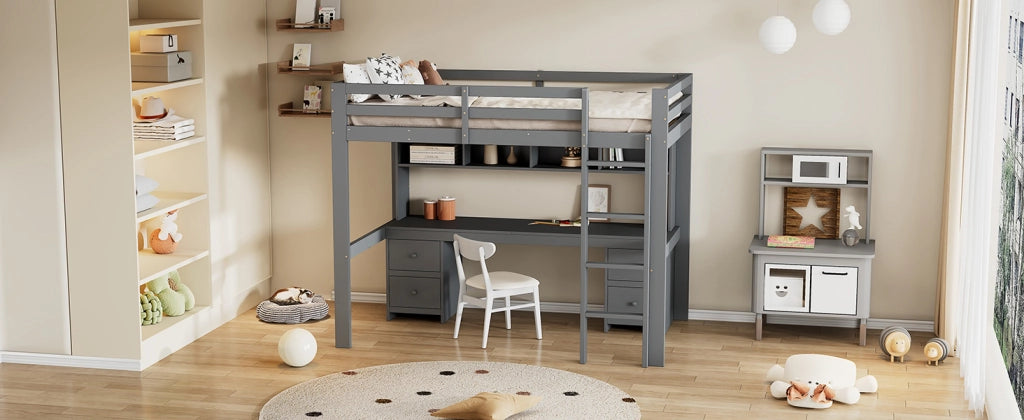 DESMIU Letto a soppalco singolo con scrivania, 4 cassetti e 4 ripiani 90 × 200 cm senza materasso pino grigio