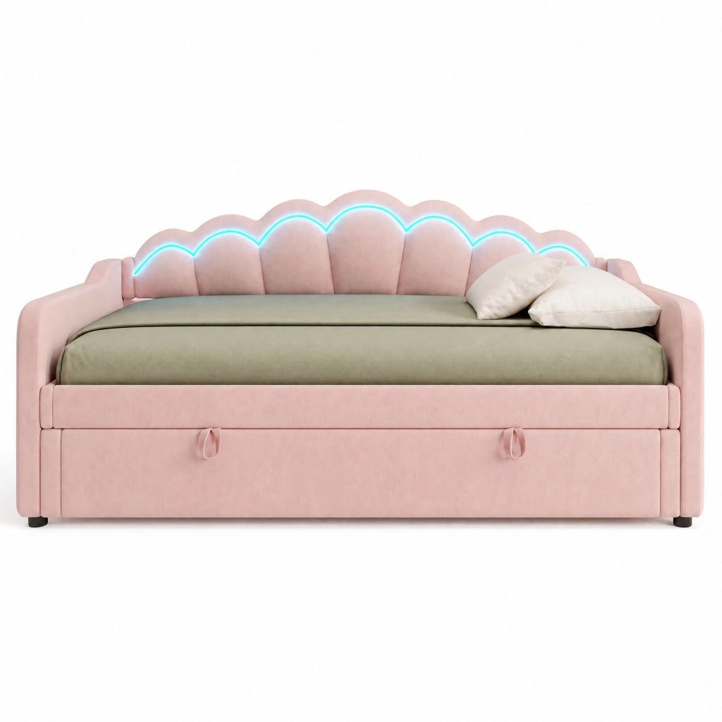Letto singolo imbottito 90 ¡Á 200 cm con contenitore idraulico in velluto rosa e LED con telecomando