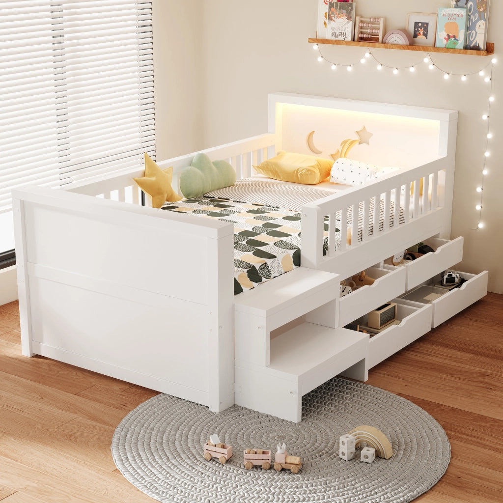 Letto singolo per bambini 90x200 cm con 4 cassetti; testiera stelle e luna; gradino; sponda e LED; legno bianco