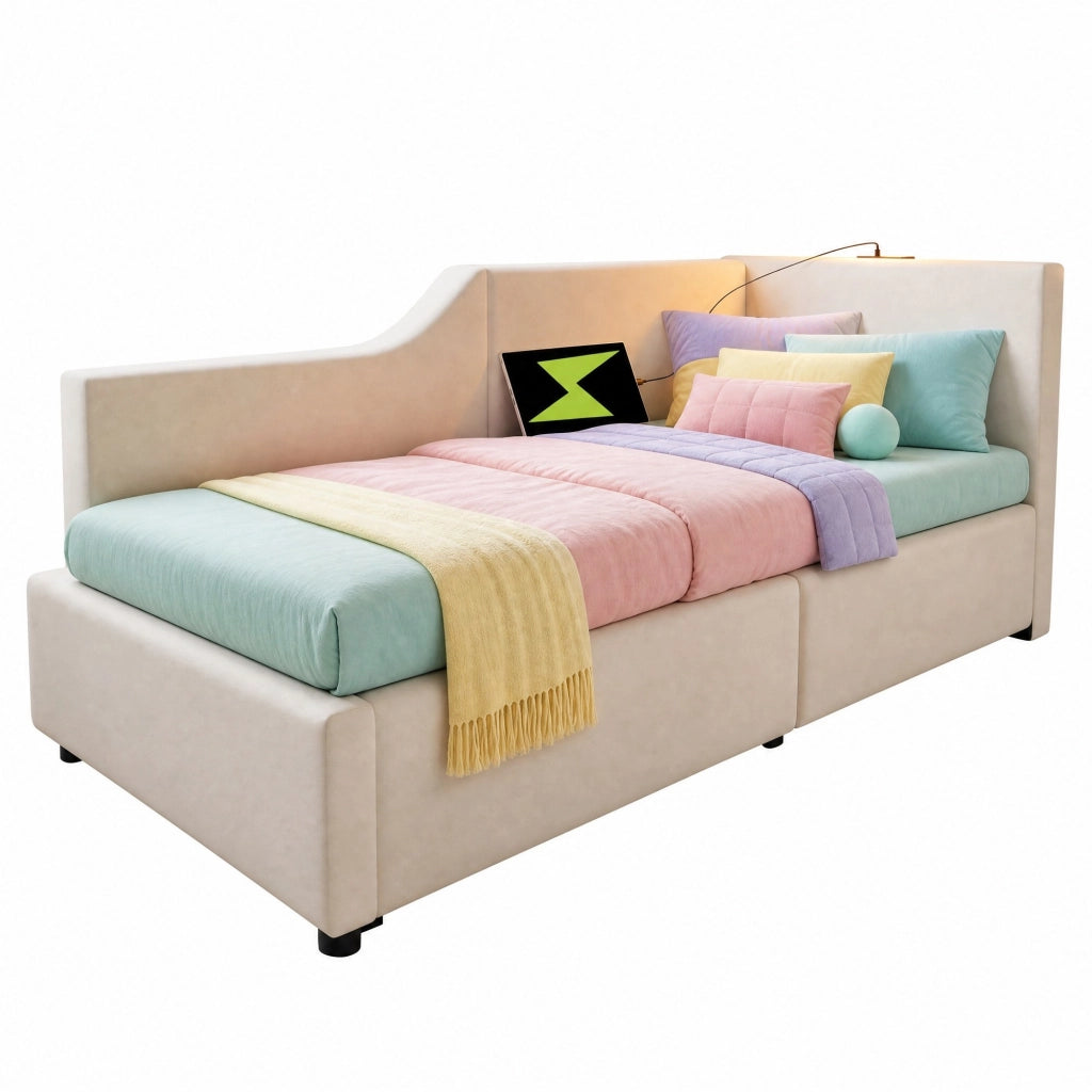 Letto a giorno imbottito 90x200 cm in velluto beige con contenitore idraulico, luce lettura e USB-C