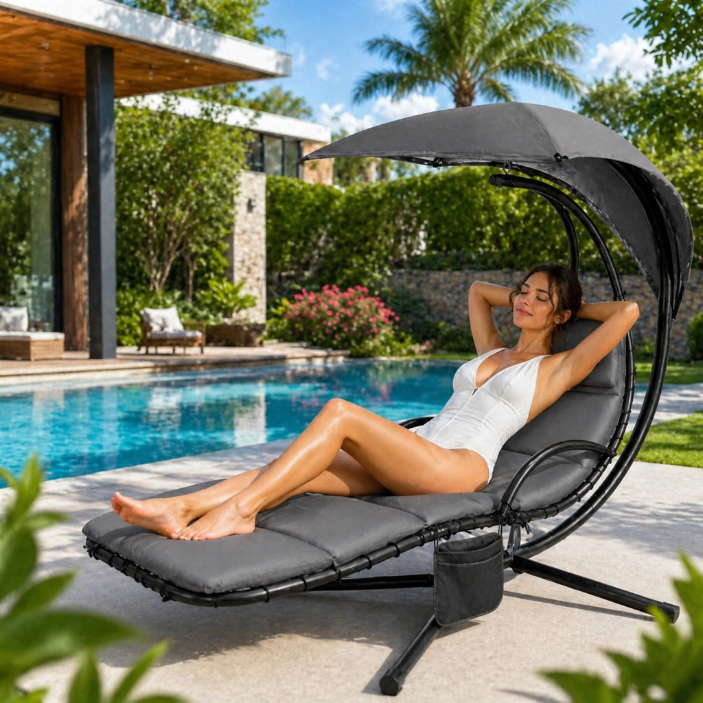 Sdraio Pensile Con Tettuccio Parasole Integrato E Cuscino Ergonomico Amaca Da Giardino In Acciaio E Poliestere 195 x 132 x 197 Cm Grigio