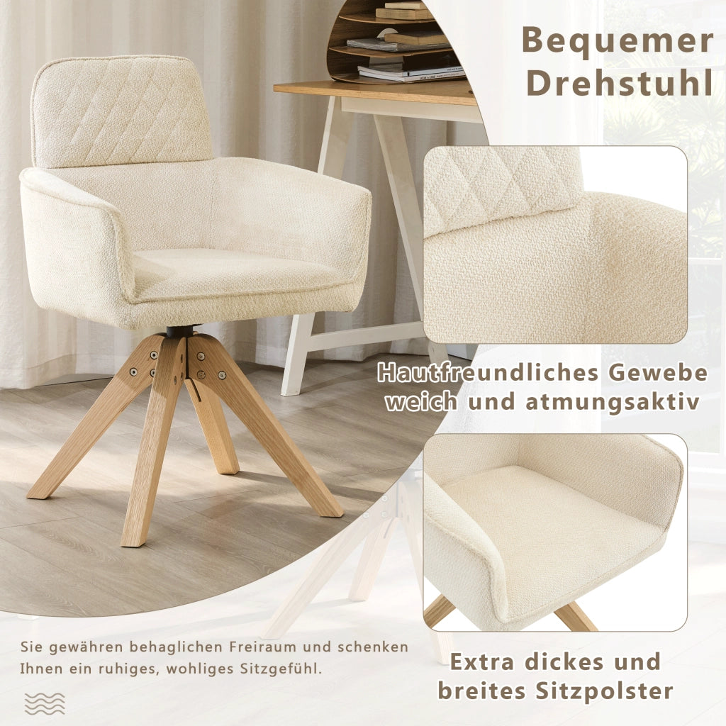 Sedia da Pranzo Set da 2 Girevole a 360° con Braccioli e Gambe in Legno Massello in Tessuto Bianco e Legno