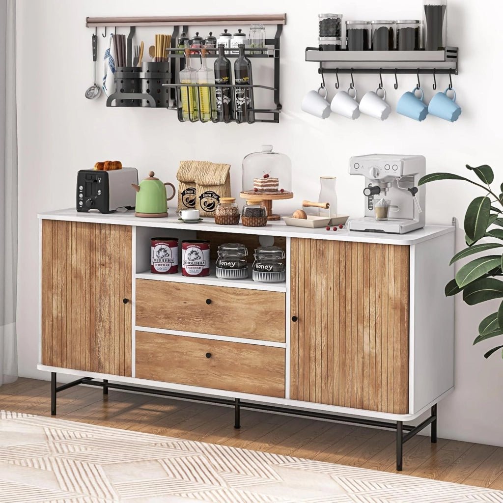Credenza Basso con Gambe in Metallo, Credenza da Cucina Moderna con Ante Scorrevoli e 2 Cassetti, Buffet da Soggiorno con Protezione Antiribaltamento, 150 x 45 x 74 cm