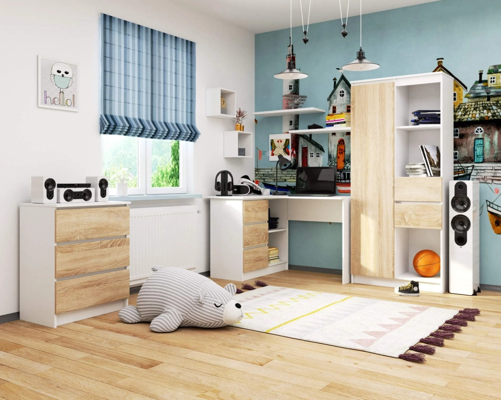 Scrivania angolare AKORD B16 Bianco 124 cm 3 cassetti inserto frontale Sonoma Quercia 124x85x77 cm Modello a sinistra