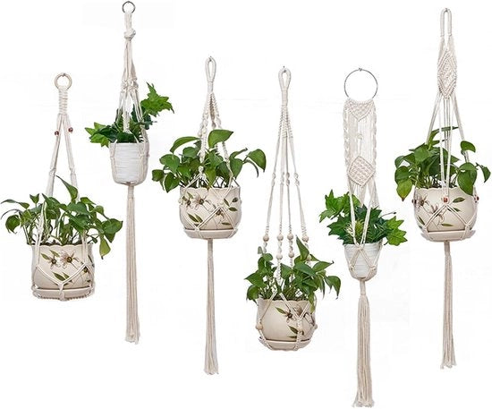 Decorazioni per piante in macramé a mano in cotone, set da 6 pezzi, per uso interno ed esterno.