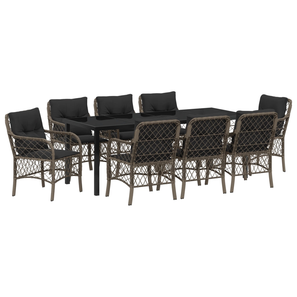 Set di 9 Pezzi per Pranzo da Giardino con Cuscini Grigio Polyrattan
