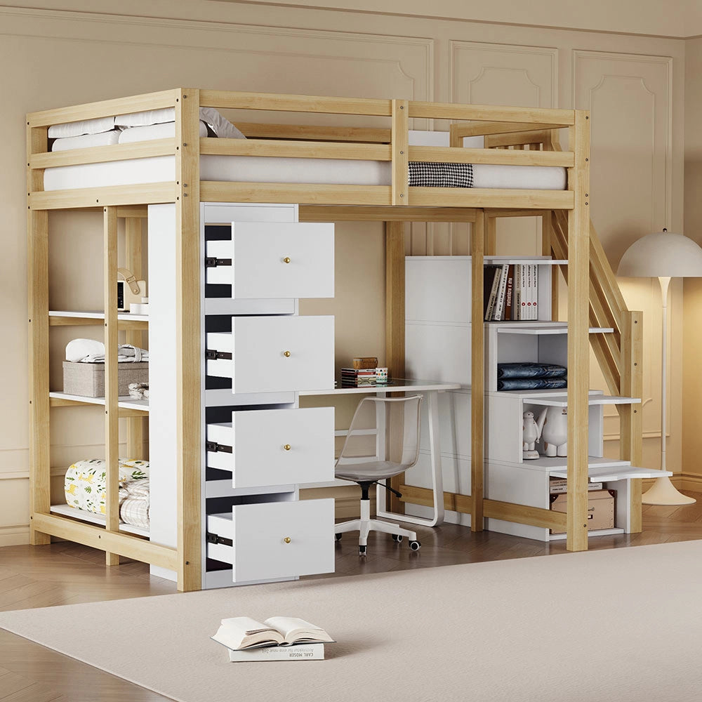 Letto a soppalco 140x200 cm - Xylo - Con cassetto e comodino, colore legno