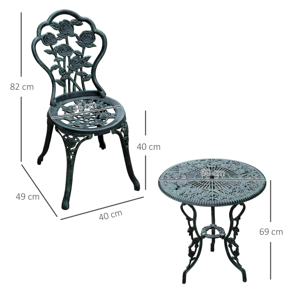 Set da giardino verde antico con tavolo rotondo e due sedie