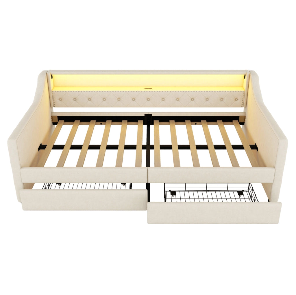 Letto 90x200 cm con LED; USB e 2 cassetti in lino beige