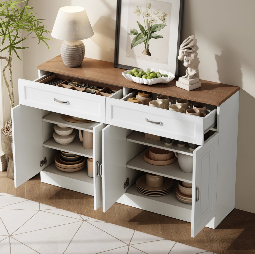 Sideboard moderno in legno e bianco con 4 ante e 2 cassetti, 120x35x80,5 cm