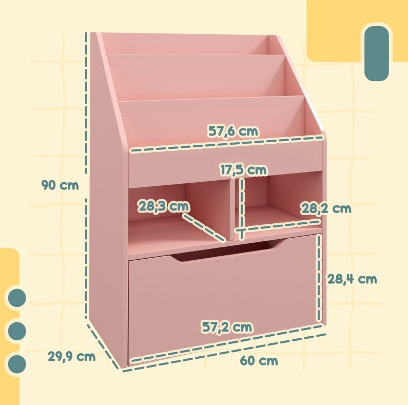 Libreria per bambini rosa con cassetto e ripiani 60 x 29,9 x 90 cm