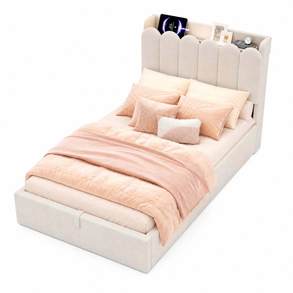 Letto singolo per bambini con contenitore idraulico, rete a doghe, testiera imbottita, porte USB e Type-C, velluto beige