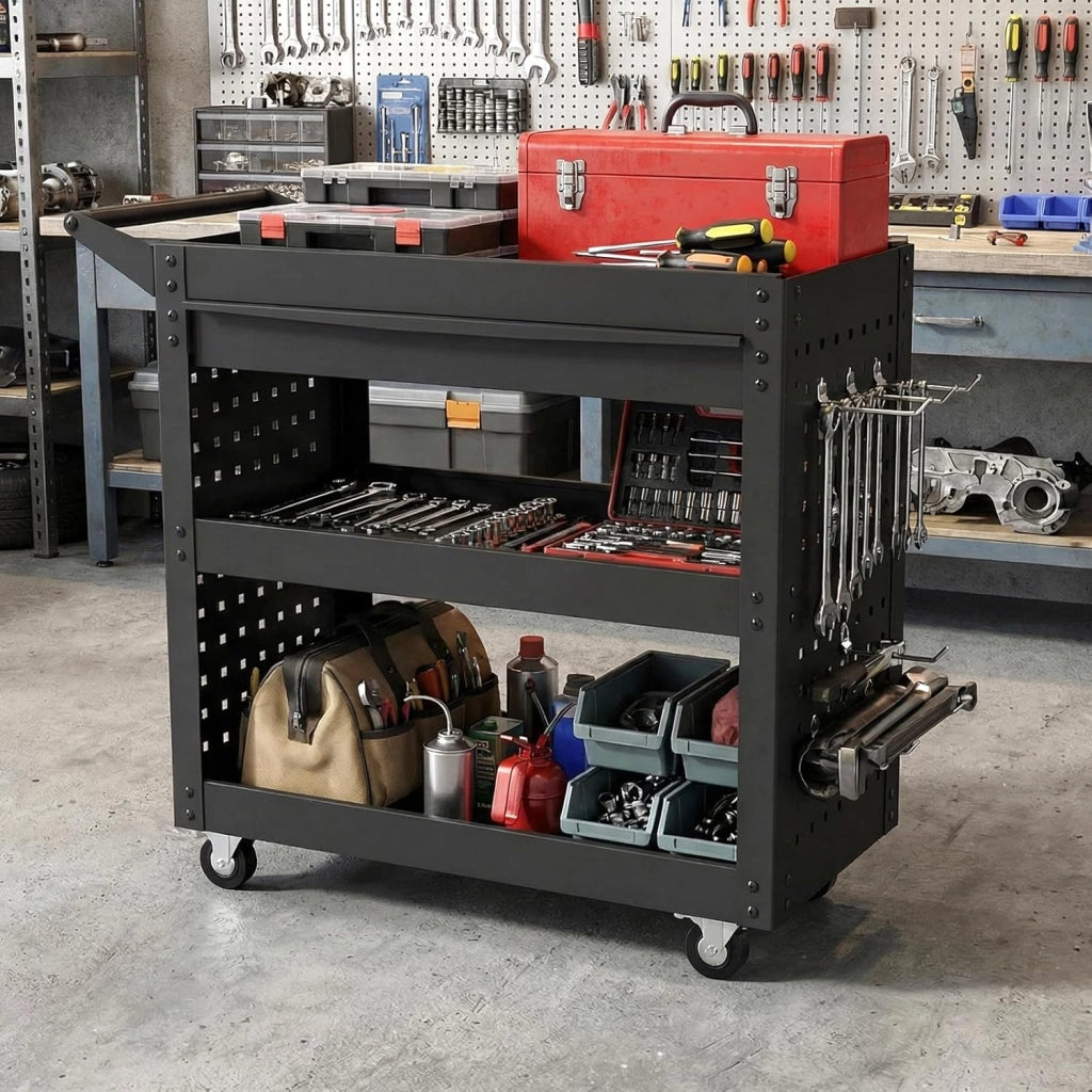 Carrello Portautensili a 3 Ripiani con Ruote, Carrello Attrezzi in Metallo con Cassetto Grande, 2 Pannelli Forati e 8 Ganci, Carrello di Servizio per Garage e Officina, Portata 250 kg