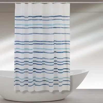 Tenda doccia 120x200cm in  acrilico bianco dalle righe azzurre con ganci
