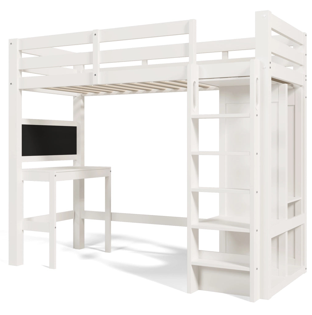 Letto a soppalco 90x200 cm con scrivania; lavagna e armadio aperto; bianco in legno