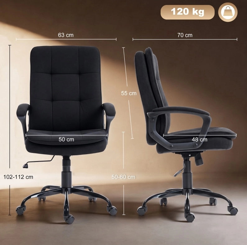 Sedia da ufficio nera in tessuto effetto lino con braccioli