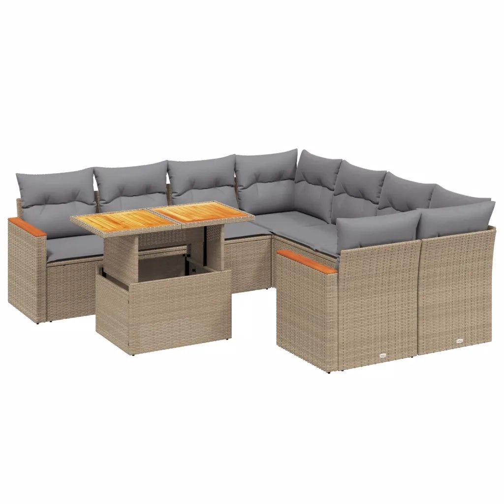 Set Divano da Giardino 9 pz con Cuscini Beige in Polyrattan