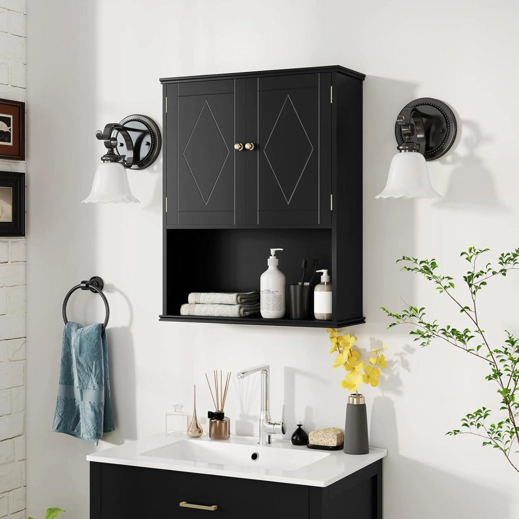 Mobile da Bagno da Parete, Mobiletto Salvaspazio a Muro a 2 Ante con Ripiano Aperto e Ripiano Regolabile, Armadietto per Cucina, Soggiorno e Ingresso, 60 x 21 x 75 cm (Nero)