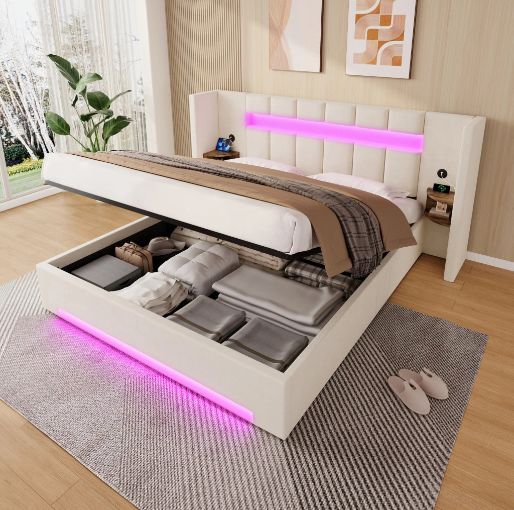 Letto 180x200 cm con contenitore; USB e LED in velluto beige