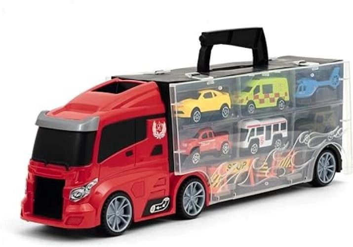 Veicoli-Fast Wheels Bisarca porta auto,con 6 veicoli e maniglia,Giocheria colore casuale-Eta 3+