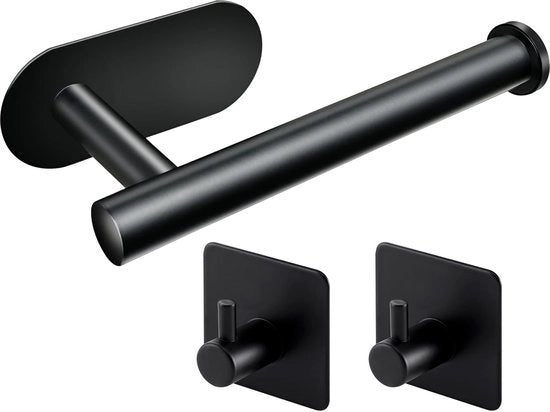 Supporto per i rulli di carta igienica in acciaio inossidabile 304, nero, set – Supporto per i rulli di carta igienica autoadesivo con 2 ganci autoadesivi – Supporto per i rulli di carta igienica senza perforazione per bagno e cucina