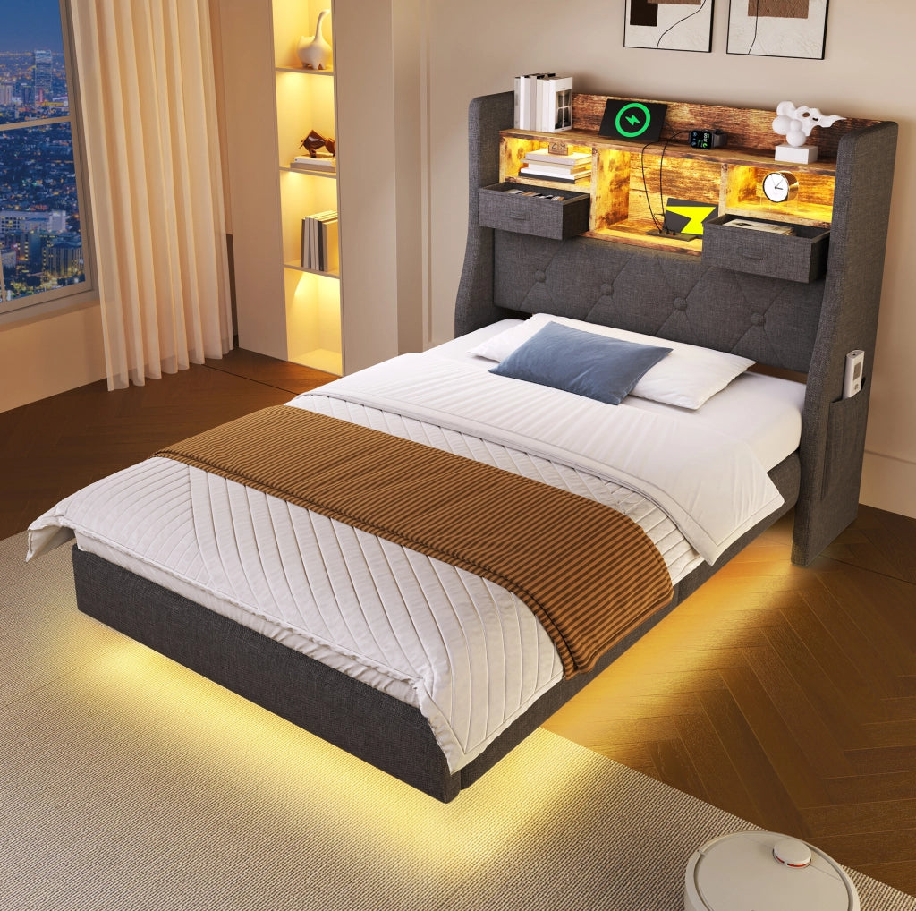 Letto imbottito con LED e ricarica USB, 90 x 200 cm, grigio