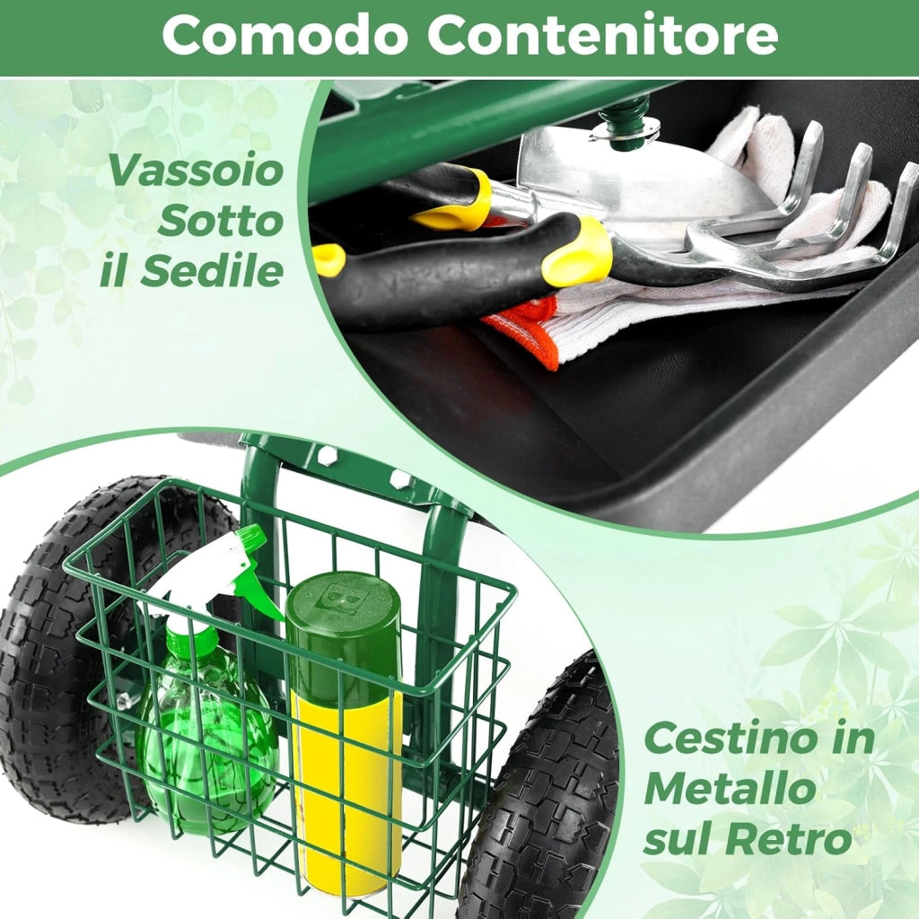 Sgabello per Giardinaggio con Ruote, Sedile da Giardino Regolabile in Altezza con Manico Estensibile, Cesto Portaoggetti, 2 Vassoi e 4 Ruote in Gomma (82,5 x 45,5 x 45,5-54,5 cm)