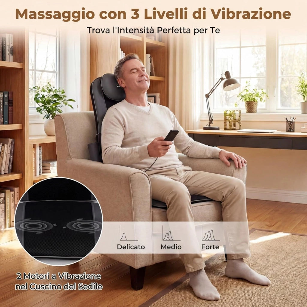 Sedile Massaggiatore per Schiena con Calore, Cuscino Massaggiante Shiatsu per Poltrona con 4 Nodi Impastanti a Rotazione e 2 Motori Vibranti, Massaggiatore 3D per Collo e Schiena