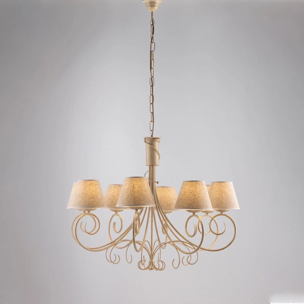 Lampadario 8 Luci Vienna Ferro Avorio E Oro Con Paralumi In Pvc