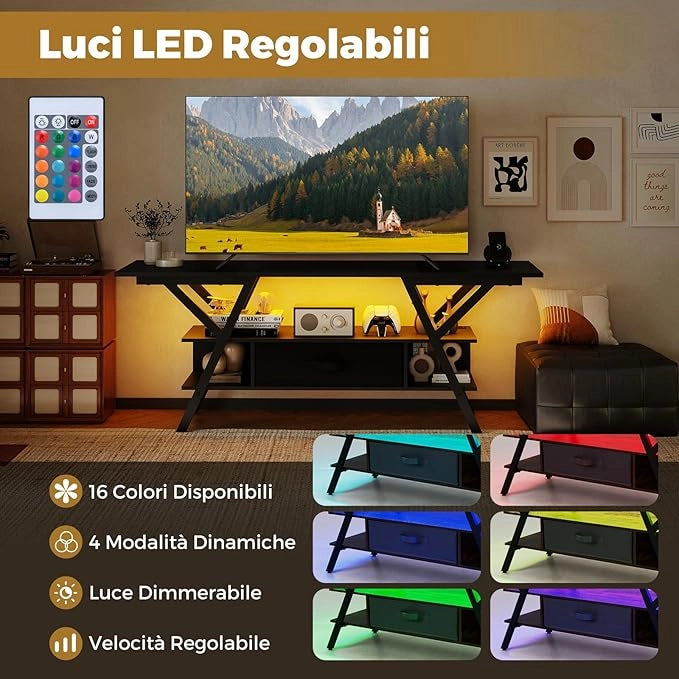 Mobile Porta TV per Schermo fino a 65'', Tavolo per TV con Luci LED Regolabili, Stazione di Ricarica e Telecomando, Consolle Media a 3 Ripiani con Cassetto per Soggiorno, 140x40x54cm (Nero)