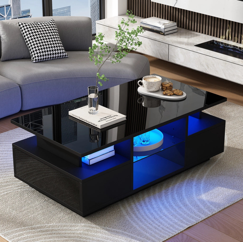 Tavolino da caffè 100x50x36 cm con 2 cassetti; LED; ripiani in vetro; nero lucido