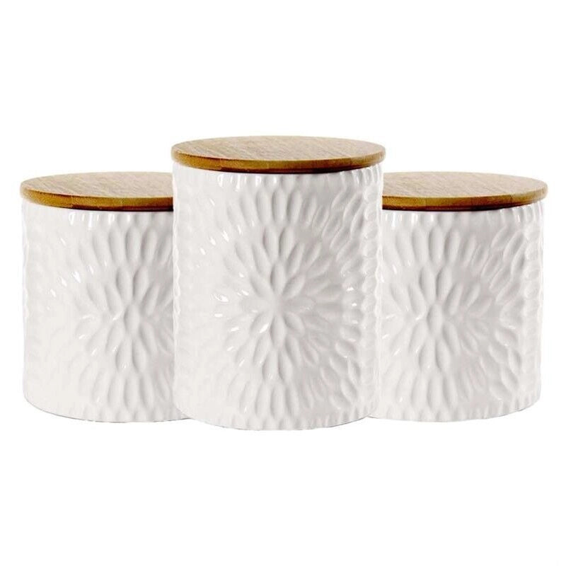 TRIS DI BISCOTTIERE IN CERAMICA CON TAPPO IN LEGNO 2 DA 10X12.5 CM E UNA 13X16 CM BIANCHE