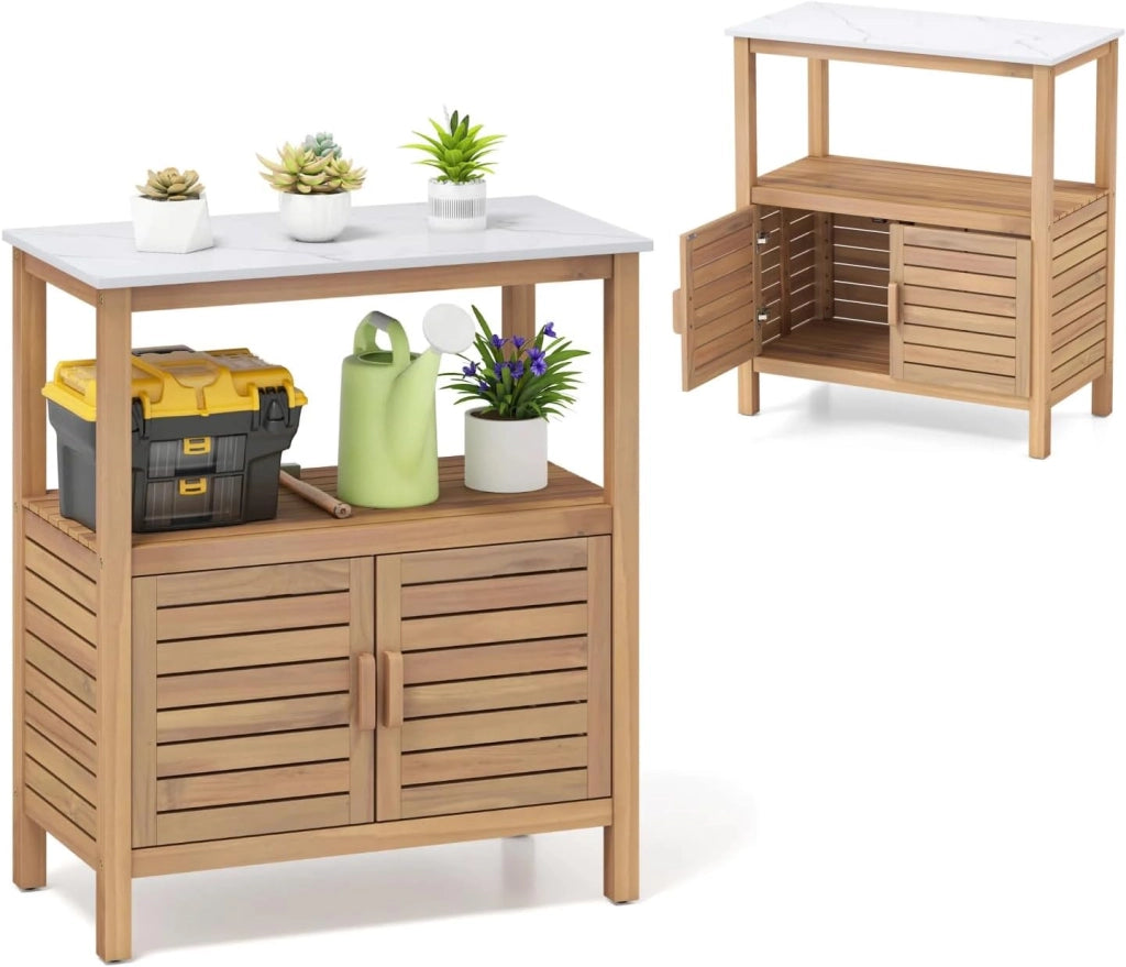 Armadio da esterno in legno massello, mobile portaoggetti con piattaforma, tavolo da invaso da giardino con armadio ad anta 80 x 40 x 90,5 cm, per balcone, ingresso, portico, cortile