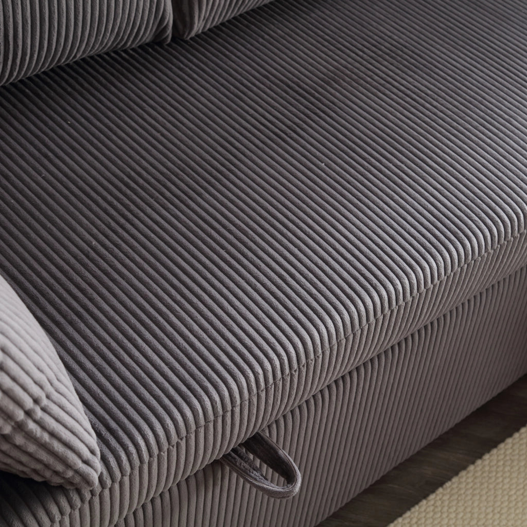 Divano letto angolare modulare con contenitore e chaise longue reversibile in velluto a coste grigio scuro