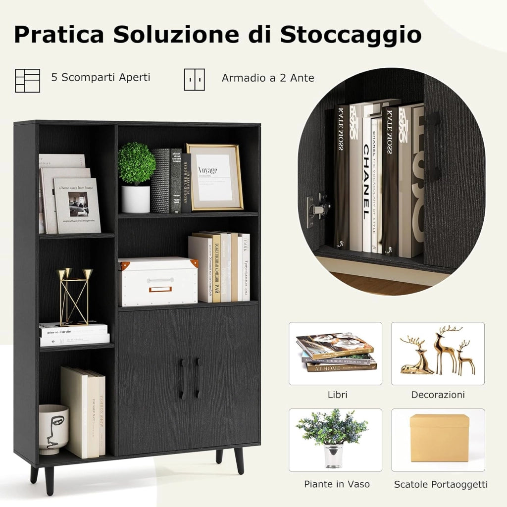 Libreria Scaffale con 5 Ripiani a Cubo Aperti e 2 Ante, Scaffale Espositivo in Legno Salvaspazio, Mobile per Camera da Letto, Soggiorno, Salotto, Ufficio e Studio, 80 x 23,5 x 119 cm (Nero)