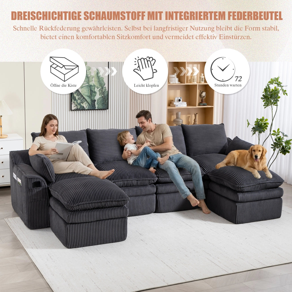 Divano modulare componibile a 4 posti con cuscini e tasche laterali per soggiorno in velluto a coste grigio scuro