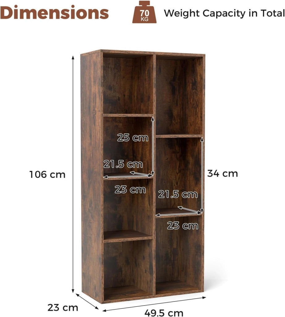 Libreria Verticale con 8 Cubi, Mobile Contenitore in Legno, con 2 Dispositivi Antiribaltamento, Libreria Scaffale per Soggiorno, Camera da Letto, Ufficio, 49,5 x 23 x 106 cm (Marrone)