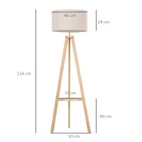 Lampada da Terra con Ripiano Intermedio Paralume in Lino Interruttore a Pedale Risparmio Energetico Altezza 154cm, Legno, 50x50x154 cm