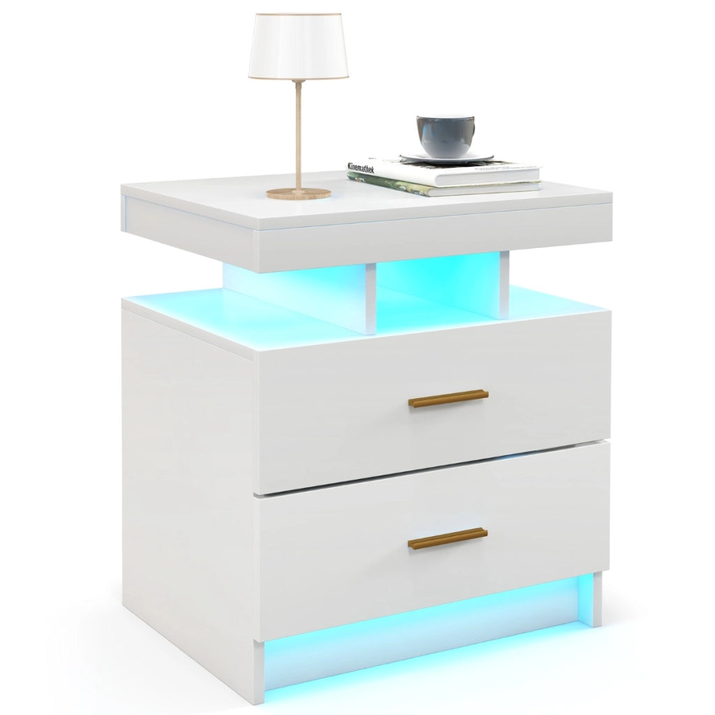 Comodino a LED con luce regolabile e telecomando 2 cassetti, Tavolino moderno per camera da letto soggiorno Bianco-Comodini