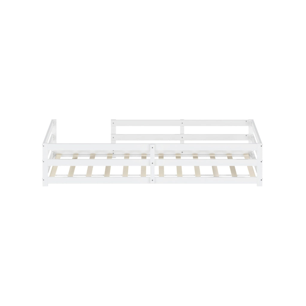 Letto Montessori 90x200 cm con barriera di protezione e rete a doghe in legno di pino bianco