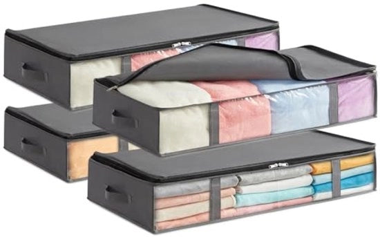 3 Scatole di archiviazione per sotto il letto, 75 litri, con vetrini trasparenti e maniglie - Grigio