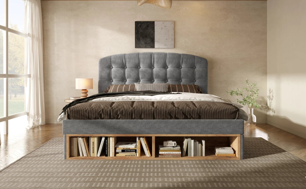 DESMIU Letto contenitore 140 × 200 cm 2 posti con cassetti e vani, senza materasso, velluto grigio