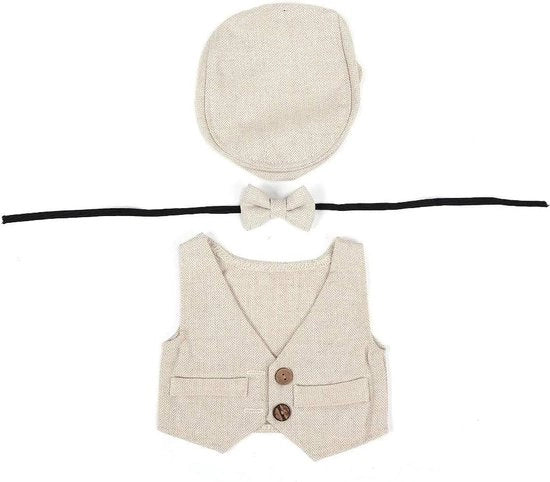 Accessori per foto di neonato - cappello e cravatta per signorino - abito di lana con cappello piatto (beige)